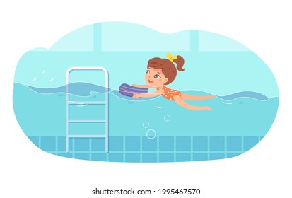 Little girl learning to swim in swimming pool. Child holding board in blue water vector illustration. Swimmer exercising in class, ladder nearby. Little happy kid in swimwear.