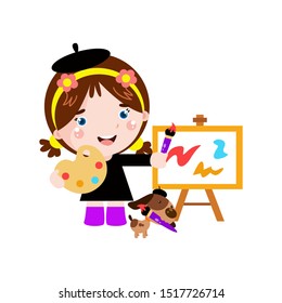 Little girl learns with dog Cartoon Vector Template Design Illustration