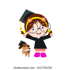 Little girl learns with dog Cartoon Vector Template Design Illustration