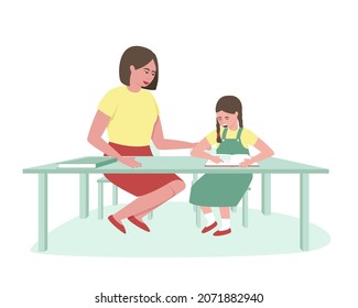 A little girl learns to read under the supervision of her mother. Individual reading lesson. Lesson in kindergarten. Flat vector illustration.