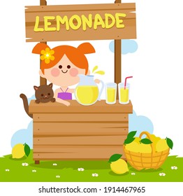 Little girl in a lemonade stand making and selling lemon juice. Vector illustration