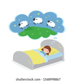 Little girl lies in bed. Cute child counts sheep to fall asleep. Cartoon kid character and dream cloud isolated on white background. Flat vector illustration