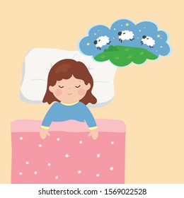 Little girl lies in bed. Cute child counts sheep to fall asleep. Cartoon kid character and dream cloud isolated on white background. Top view. Flat vector illustration