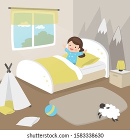 Little girl lies in bed. Cute female kid wakes up in the morning in her bedroom. Cartoon preschooler character, playroom interior with toys and furniture. Flat vector illustration