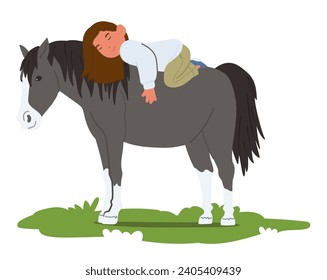 Little Girl Lies On A Horse Back In A Sun-kissed Summer Field, Eyes Peacefully Closed. Tranquil Scene Of Innocence And Connection With Nature Unfolds Beneath The Warm Sky. Cartoon Vector Illustration