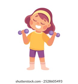 Little Girl Lift Dumbbell engajado na ilustração de vetor de exercício matutino