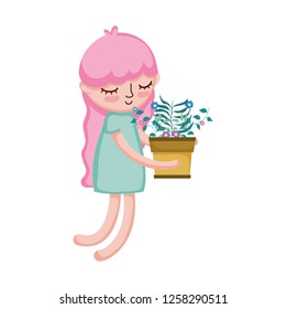 little girl lifting houseplant