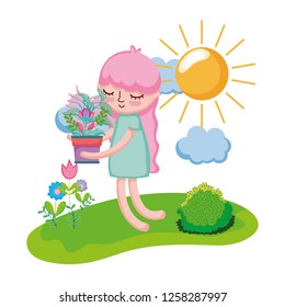 little girl lifting houseplant in the landscape