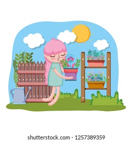 little girl lifting houseplant with shelf in the garden
