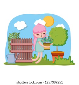 little girl lifting houseplant with tree and fence