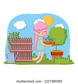 little girl lifting houseplant with tree and fence
