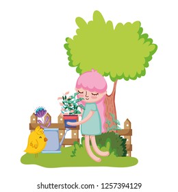 little girl lifting houseplant with tree and chick