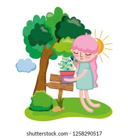 little girl lifting houseplant with wooden arrows and tree