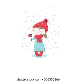Little girl in a light blue coat, red knitted cap and scarf, and boots, with a bullfinch sitting in her hand, standing in a snow fall, with snowflakes in the background. Vector illustration.