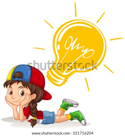 Little girl with lightbulb on her head illustration