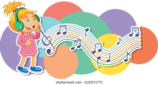 A little girl listen to music with music notes on white background illustration