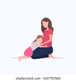 little girl listening her pregnant mother's belly cheerful woman embracing with daughter waiting for newborn baby happy family pregnancy concept full length flat