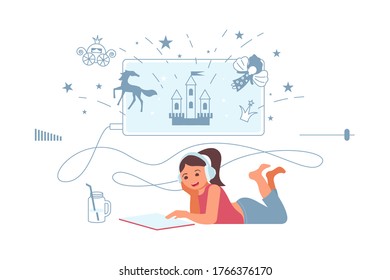 Little girl listening music or audiobook through headphones. Child is using digital technology fairytale from smartphone or tablet during lies on his stomach. Flat Art Vector Illustration