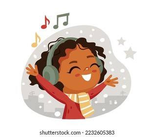 Niña pequeña escuchando música. Niño feliz con auriculares.