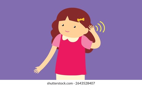 Little girl listening to music. Vector illustration in cartoon style on purple background.