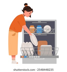 Little girl loading dishwasher flat vector illustration isolated on white. Kid doing house chores.