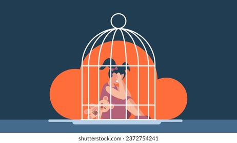 Little girl locked in an iron cage. A sad girl is locked up in a cage. Restriction of the rights of the child. Limiting children. The concept of violence in the family of children. Vector illustration