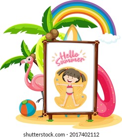 Little girl logo on banner in beach scene isolated illustration