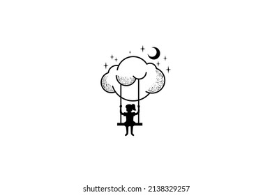 little girl logo swinging under the clouds decorated with the moon and stars in a flat design