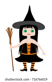 Little girl with long black hair and green eyes dressed in witch costume for Halloween. Vector illustration in chibi style