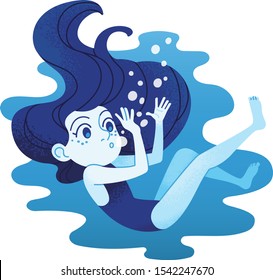 Little girl with long blue hair wearing a one-piece swimsuit playing underwater, making air bubbles and catching them with her arms. Liquid shape background. Blue tones. Vector flat illustration.