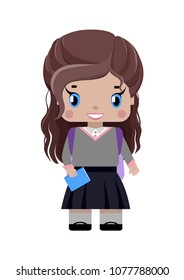 little girl, with long brown hair in school uniform, with school backpack, diary smiling (first graders).in cartoon style