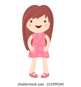 A little girl with long brown hair in a smart pink dress on the white background