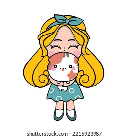 Little girl long golden hair with a her chubby cat, vector 