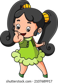 The little girl with the long hair is doing the pose with the happy face of illustration