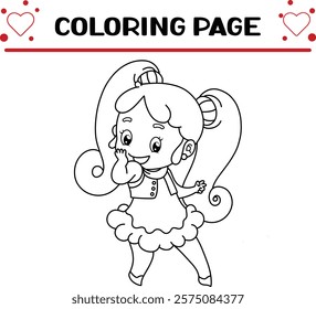 little girl with long hair is doing pose coloring page for kids