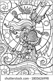 A little girl with long hair, in one hand she has a bell and in the other a huge broken sword. coloring for adults. 2D illustration