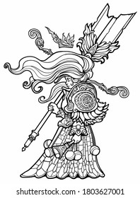 A little girl with long hair, in one hand she has a bell and in the other a huge broken sword. coloring for adults. 2D illustration