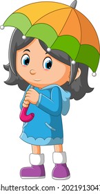 The little girl with the long sweater is holding the umbrella of illustration