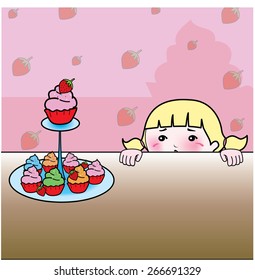 Little girl looking at cupcakes