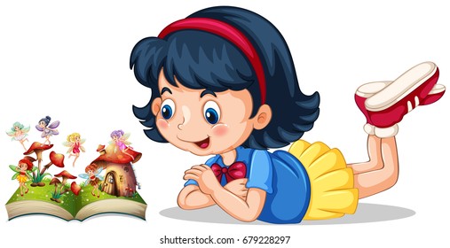 Little girl looking at fairies in the book illustration