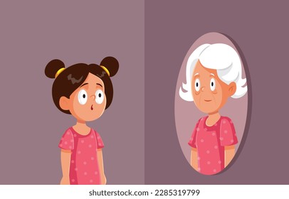 
Little Girl Looking in the Mirror Seeing her Older Self Vector Cartoon  Young child thinking about growing older
