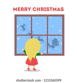 Little girl looking out of the home window and see Santa Claus silhouette on sleigh with reindeer. Isolated vector illustration flat