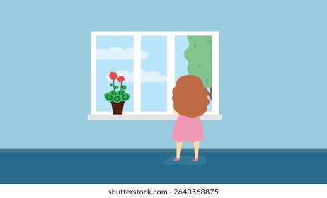 Little girl looking out the window. Flat design. Vector illustration.