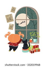 Little girl looking out of the window behind Santa Claus. Vector isolated illustration