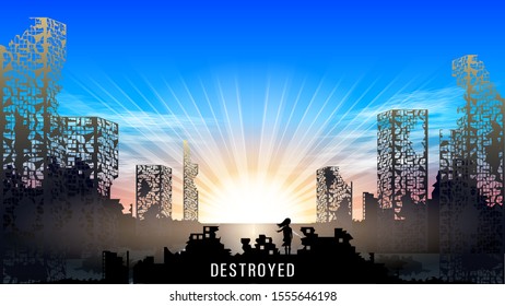 Little girl looking at the sun on the horizon standing dark ruins of buildings, rear view. Panorama of the destroyed city against the blue sky. Realistic post-apocalyptic scenery. Vector Illustration 