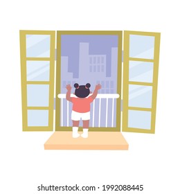 Little girl looking through childproof window flat vector illustration