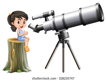 Little Girl Looking Through Telescope Illustration