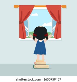 Little Girl Looking Through The Window with book