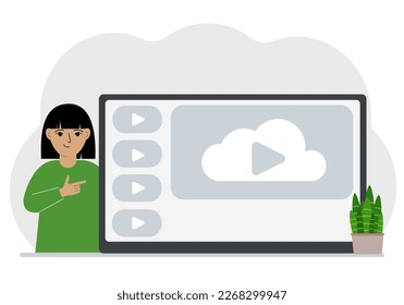 A little girl looks at the huge screen of a TV device, tablet or computer. The concept of a children's show or educational channel. Vector flat illustration