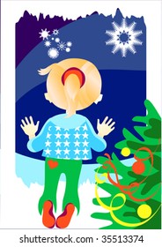 The little girl looks out of the window on the eve of  Christmas